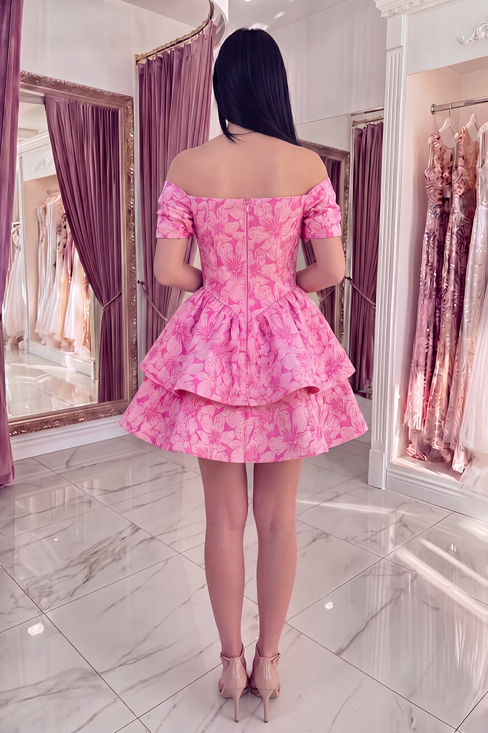 Fuchsia A Line Short Floral Off the Shoulder Ruffled Homecoming Dress with Bow
