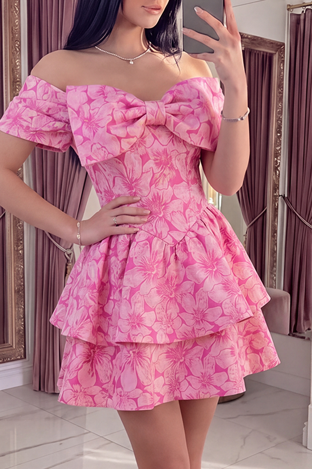 Fuchsia A Line Short Floral Off the Shoulder Ruffled Homecoming Dress with Bow