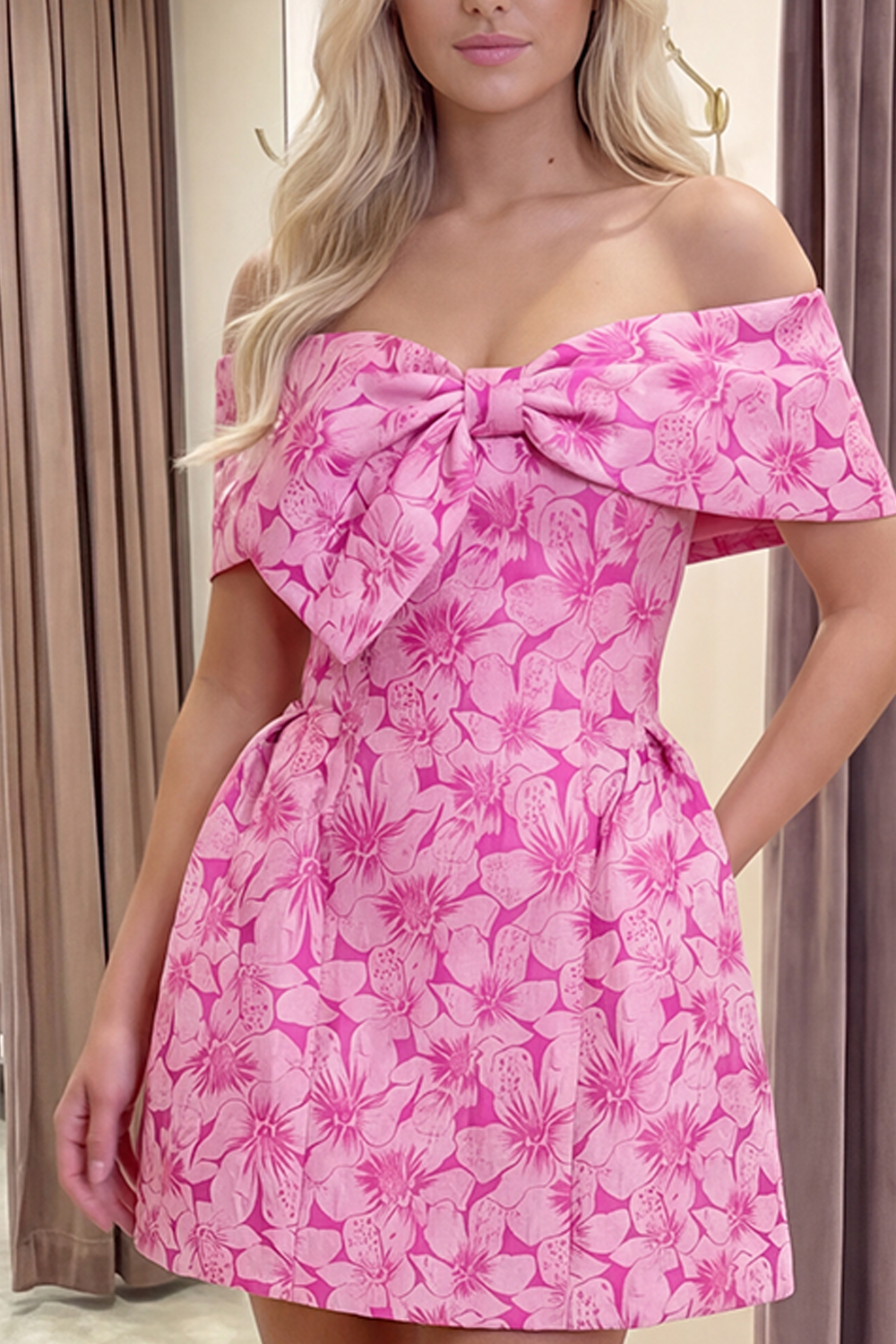 Fuchsia A Line Floral Short Off the Shoulder Homecoming Dress with Bow