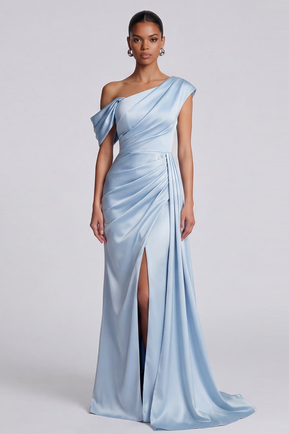 Sky Blue One Shoulder Satin Long Mermaid Formal Dress with Side Cape