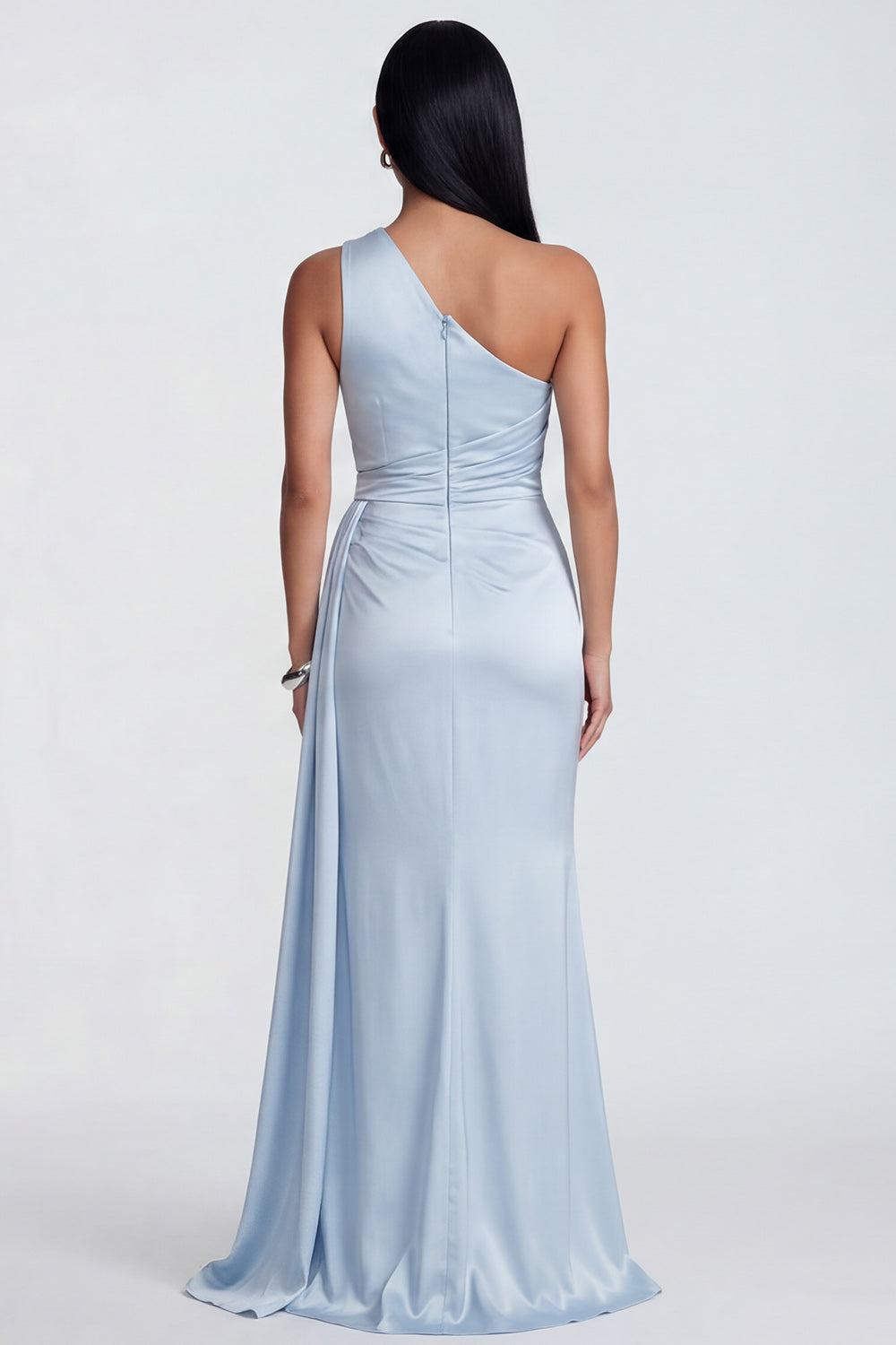 Sky Blue Satin One Shoulder Ruched Long Mermaid Formal Dress with Slit