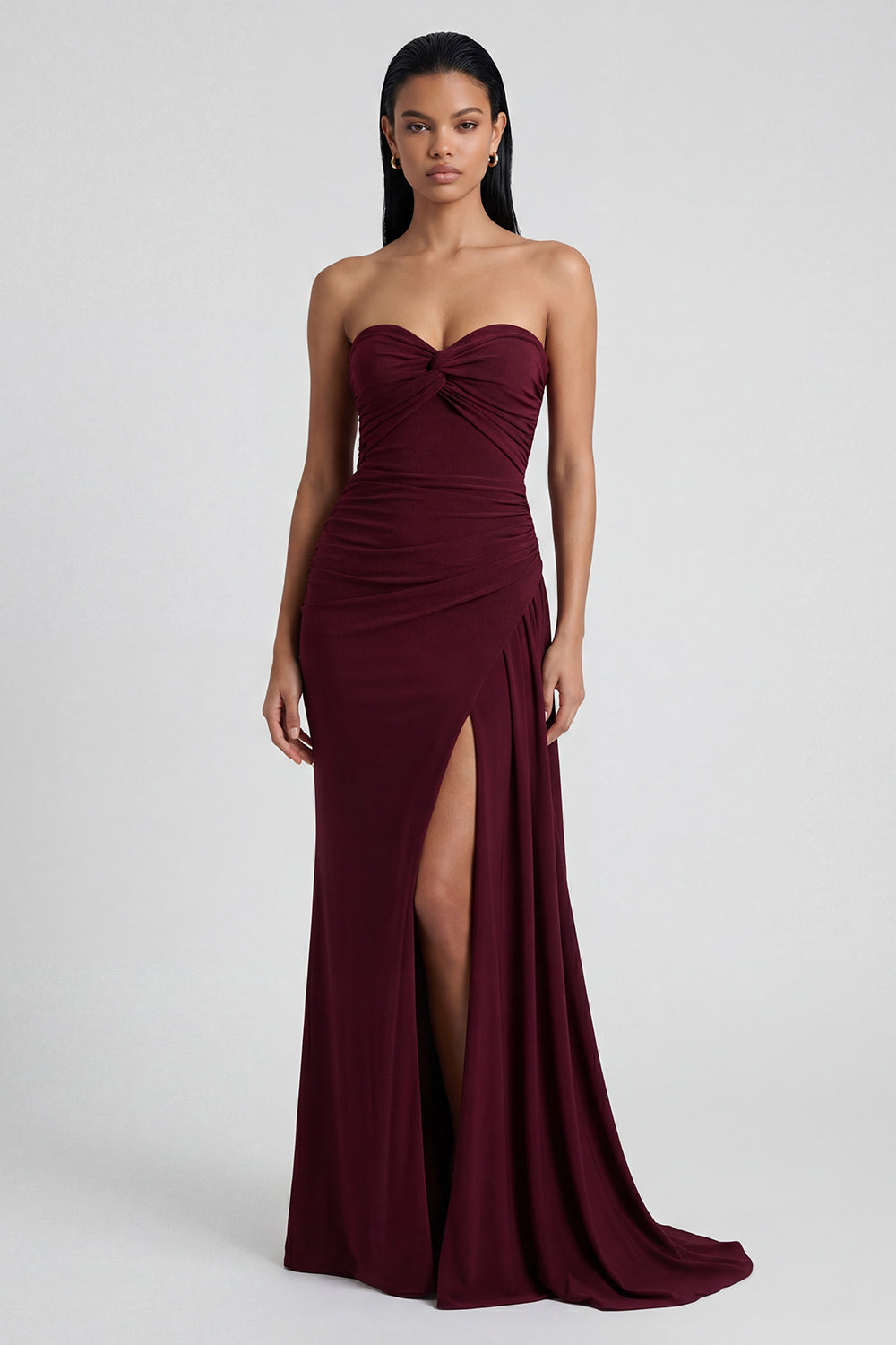 Burgundy Strapless Mermaid Ruched Long Formal Dress with Slit