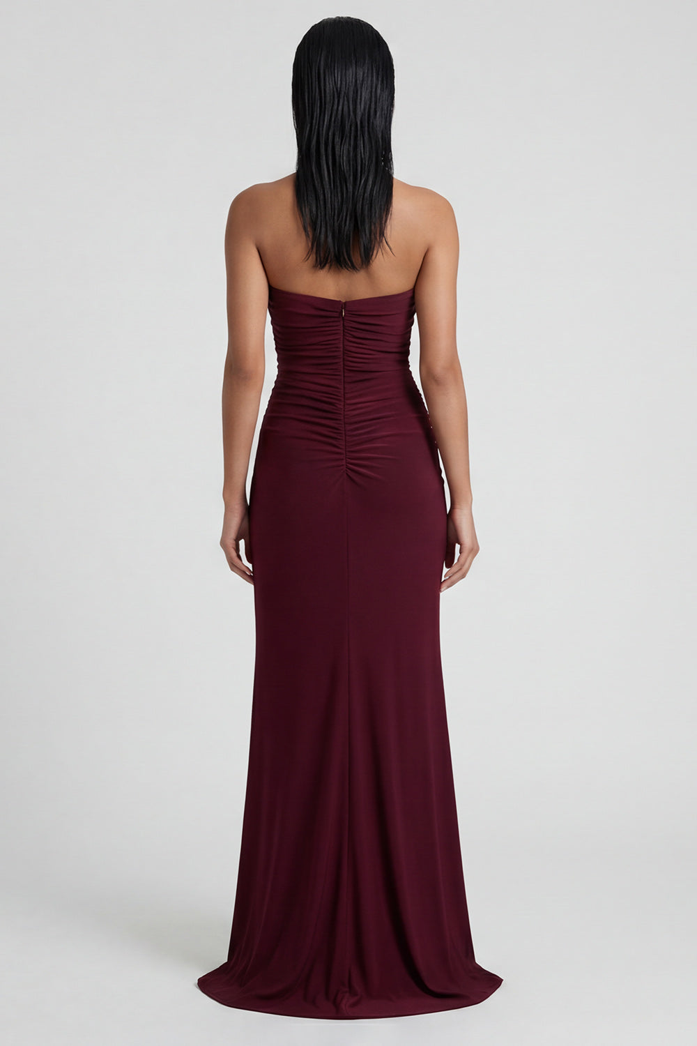 Burgundy Strapless Mermaid Ruched Long Formal Dress with Slit