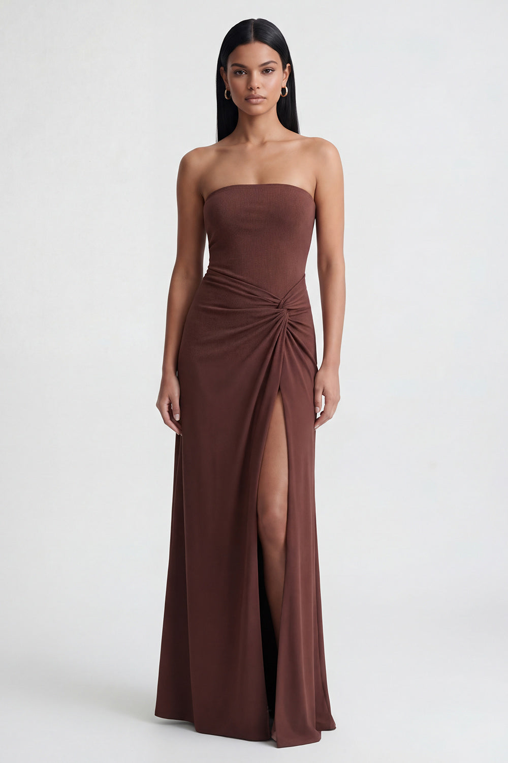 Brown Sheath Ruched Long Strapless Formal Dress with Slit