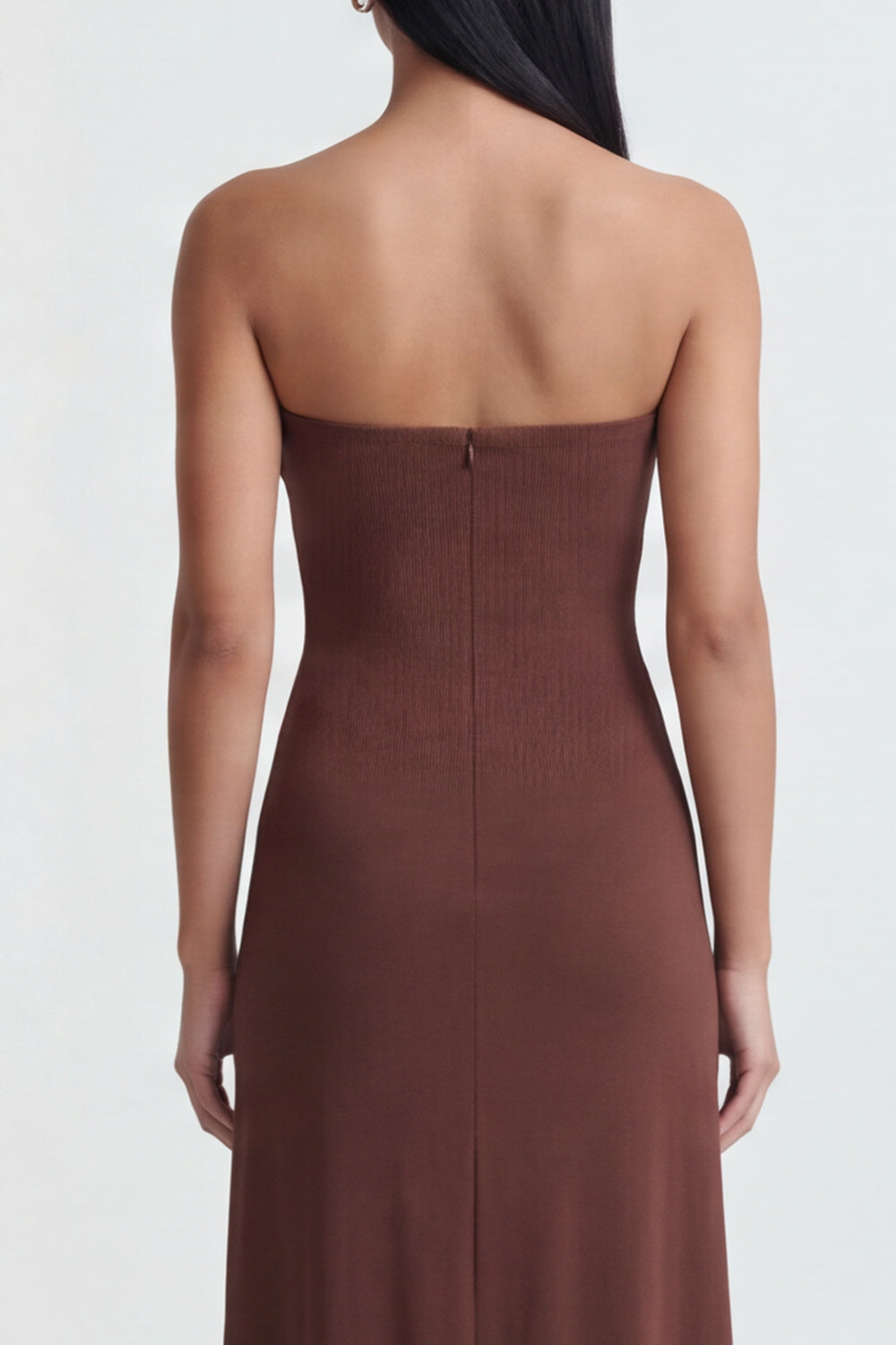 Brown Sheath Ruched Long Strapless Formal Dress with Slit