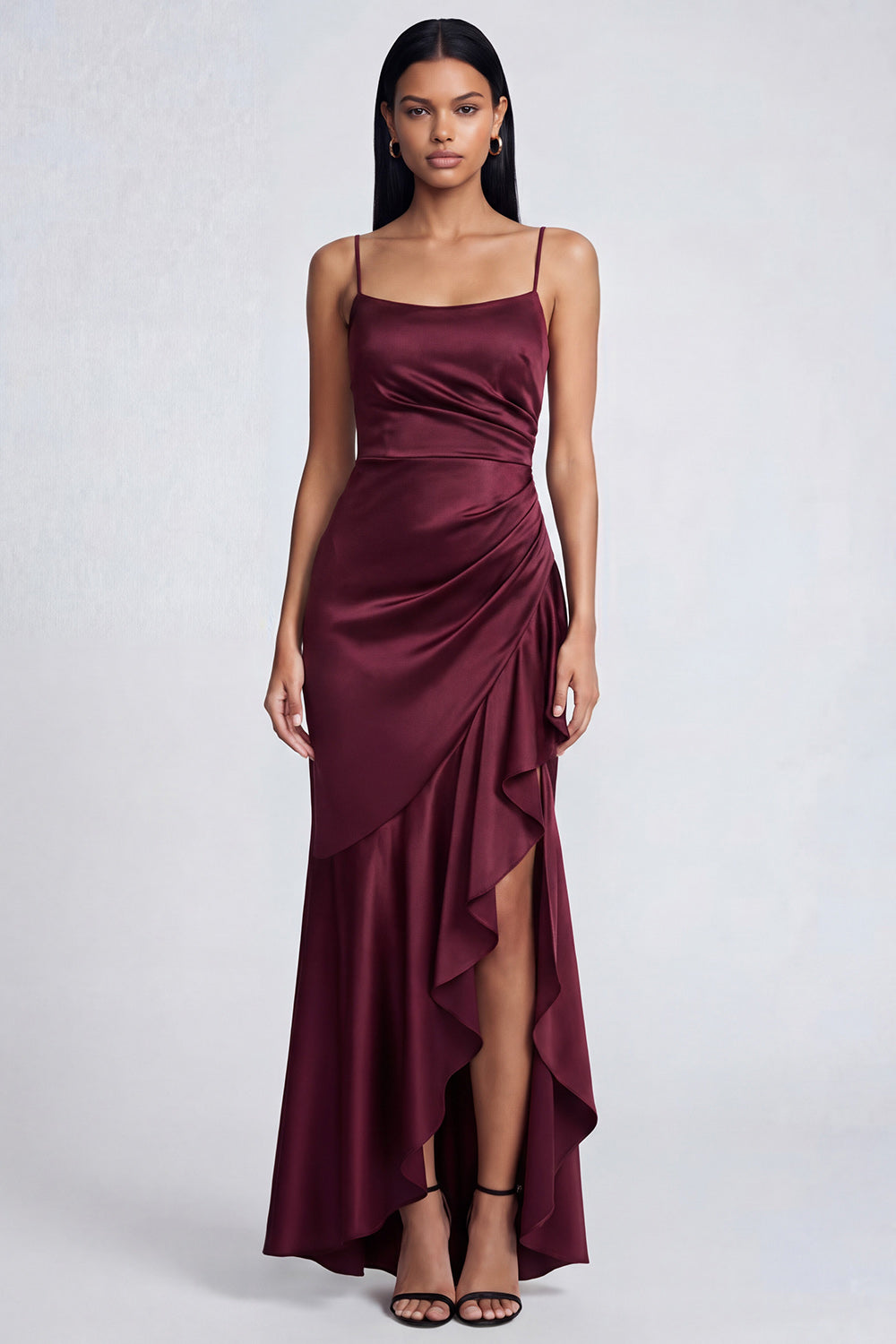 Ruffled Mermaid Burgundy Spaghetti Straps Ruched Long Formal Dress with Slit