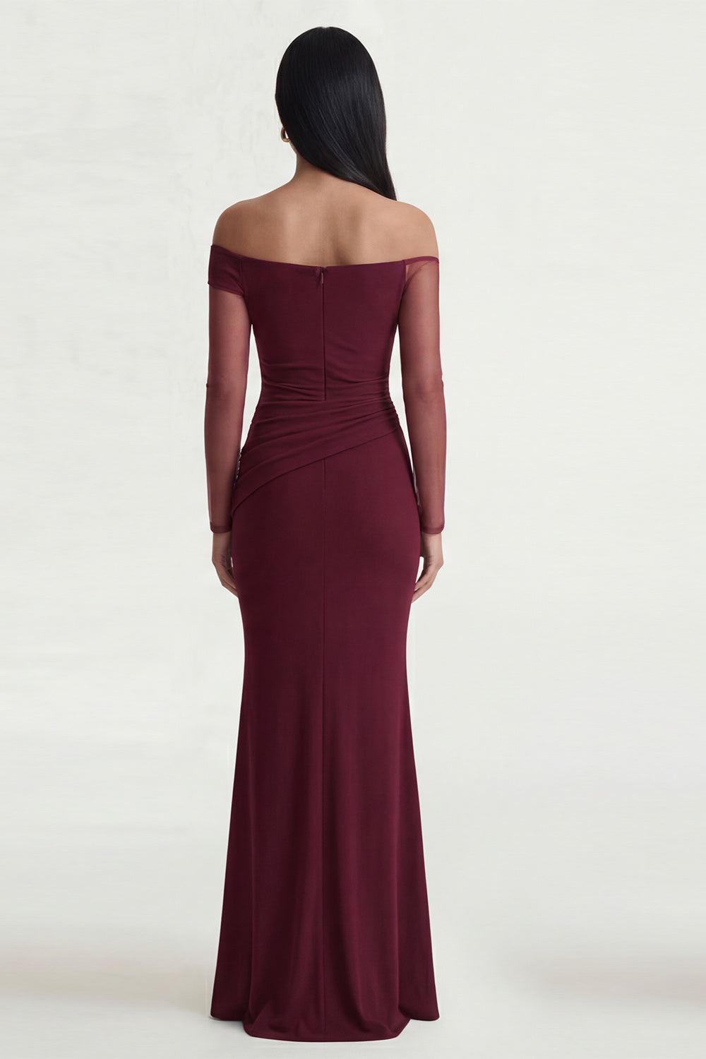 Burgundy Long Sleeves Ruched Mermaid Formal Dress with Slit