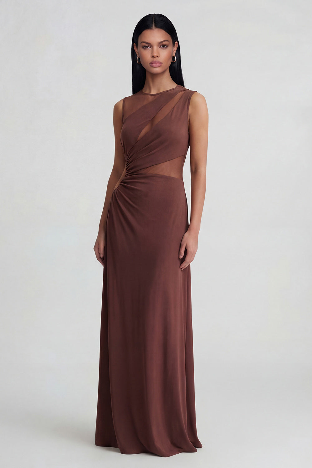 Brown Round Neck Mesh Ruched Long Sheath Formal Dress