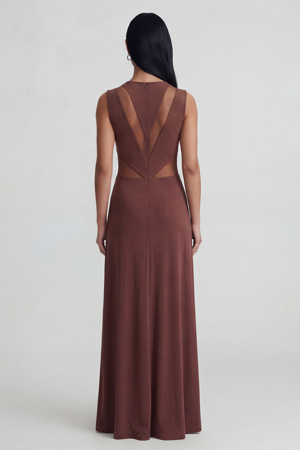 Brown Round Neck Mesh Ruched Long Sheath Formal Dress