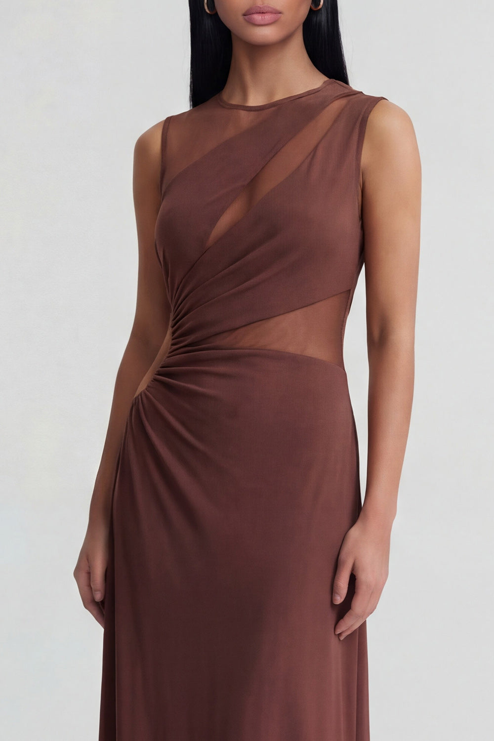 Brown Round Neck Mesh Ruched Long Sheath Formal Dress