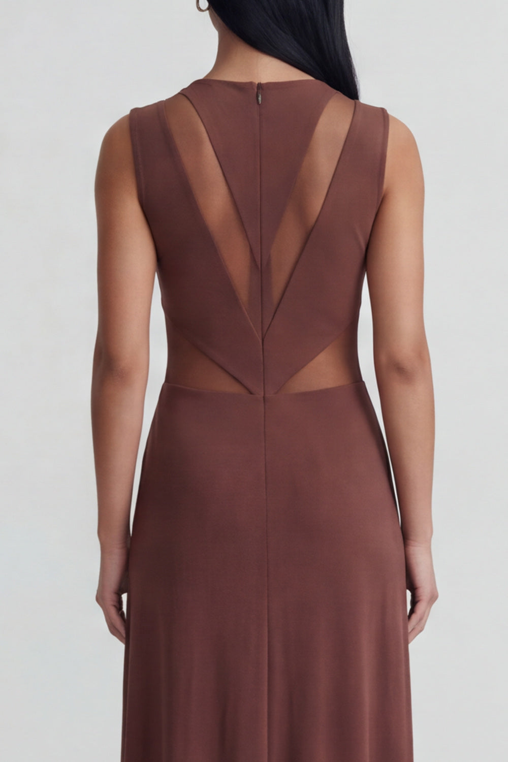 Brown Round Neck Mesh Ruched Long Sheath Formal Dress