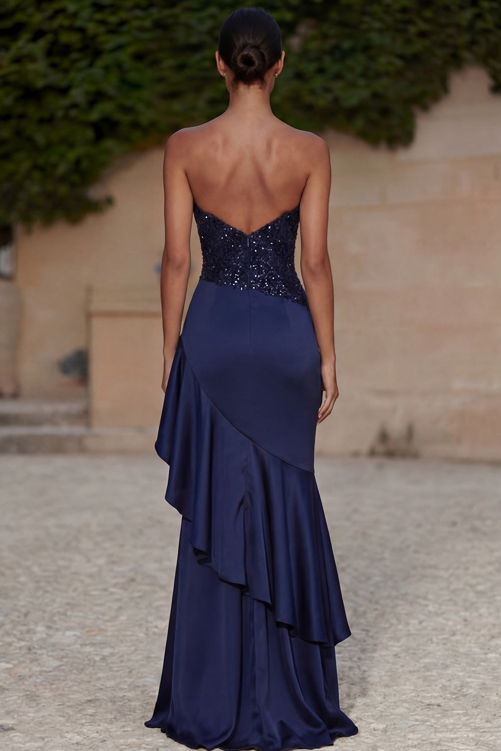Sparkly Navy Beaded Ruffled Strapless Long Mermaid Prom Dress with Slit