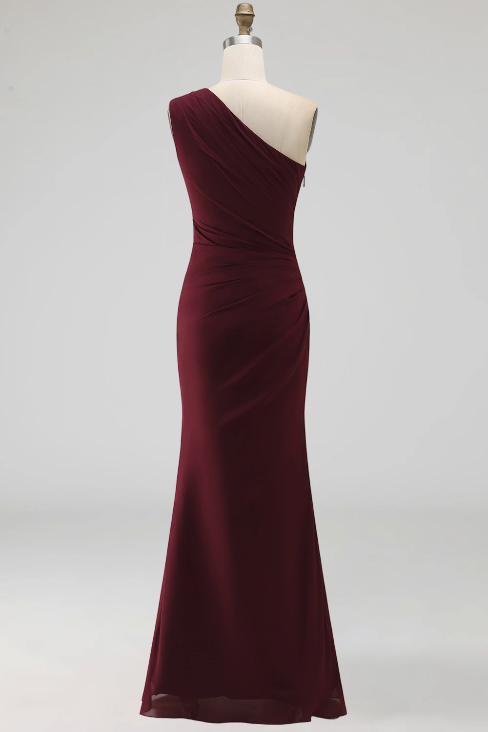 Burgundy Ruched Long Mermaid One Shoulder Formal Dress with Ruffles