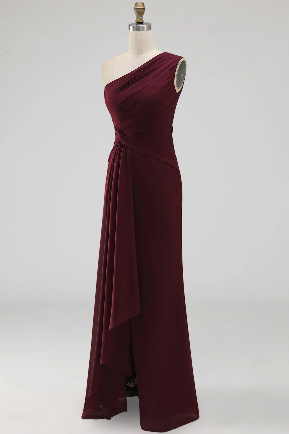 Burgundy Ruched Long Mermaid One Shoulder Formal Dress with Ruffles