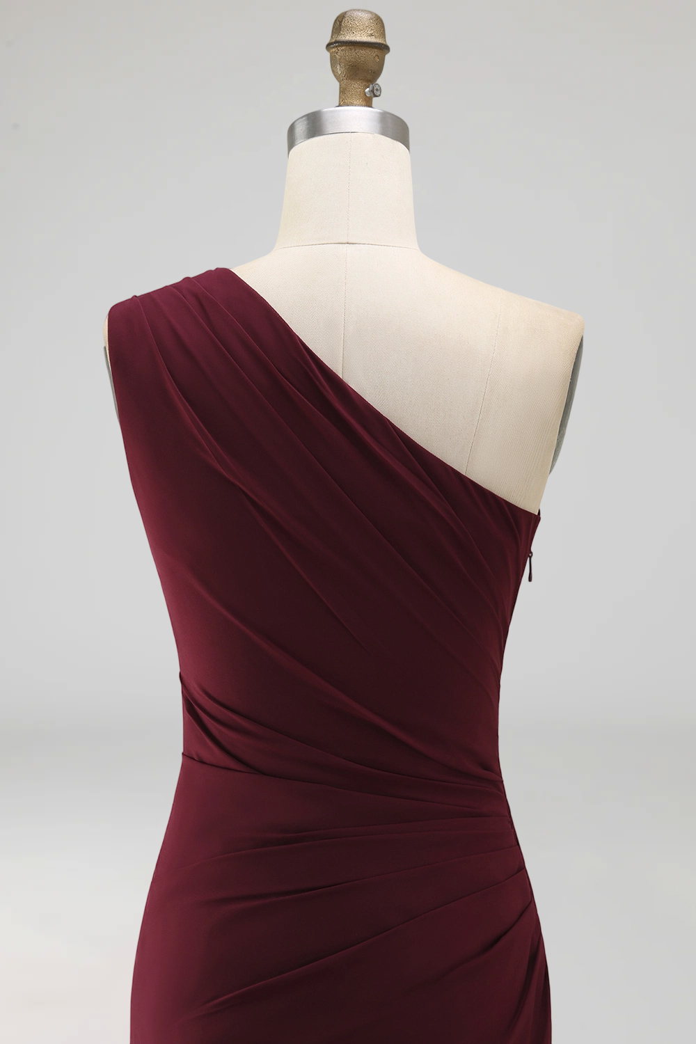 Burgundy Ruched Long Mermaid One Shoulder Formal Dress with Ruffles
