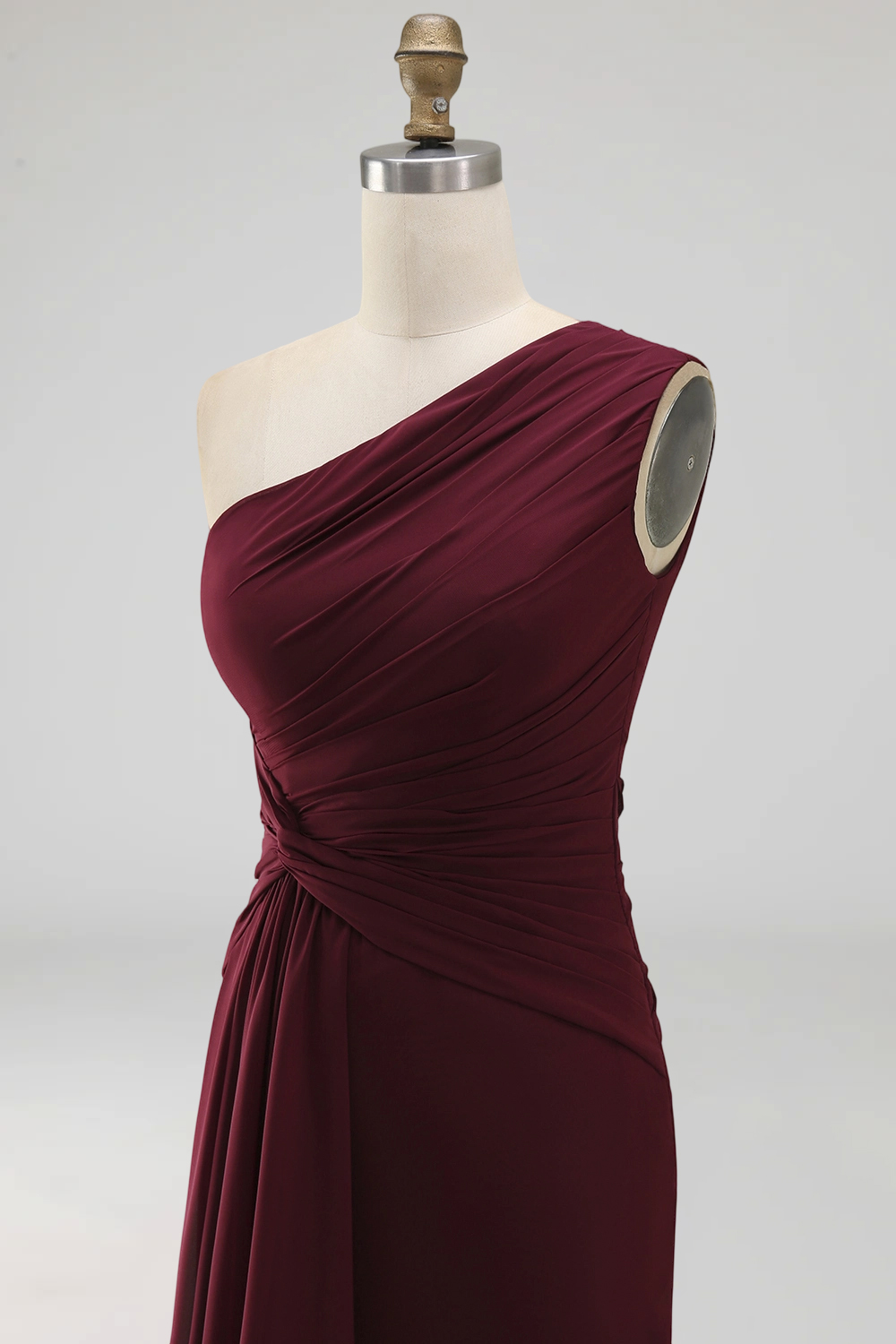 Burgundy Ruched Long Mermaid One Shoulder Formal Dress with Ruffles