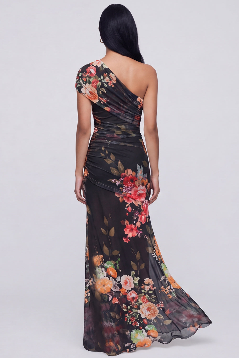 Ivory One Shoulder Floral Ruched Long Mermaid Formal Dress with Slit