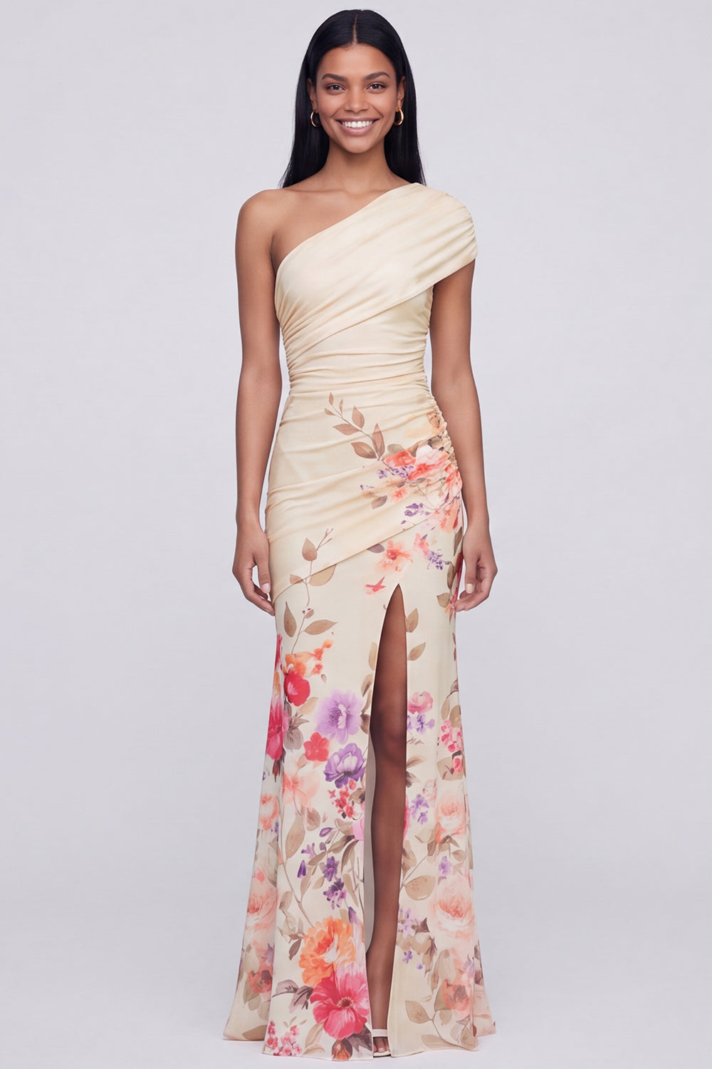 Ivory One Shoulder Floral Ruched Long Mermaid Formal Dress with Slit