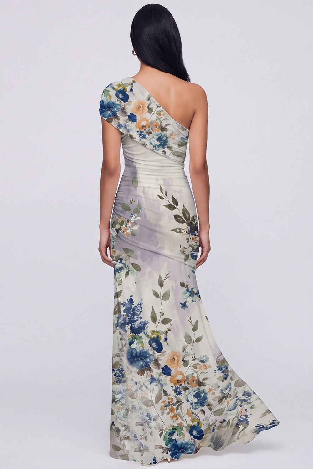 Ivory One Shoulder Floral Ruched Long Mermaid Formal Dress with Slit