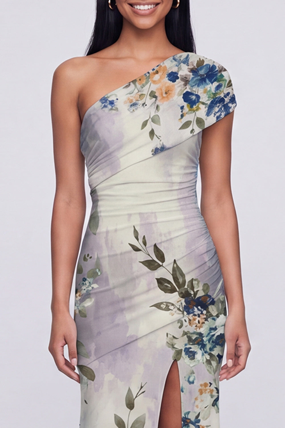 Ivory One Shoulder Floral Ruched Long Mermaid Formal Dress with Slit