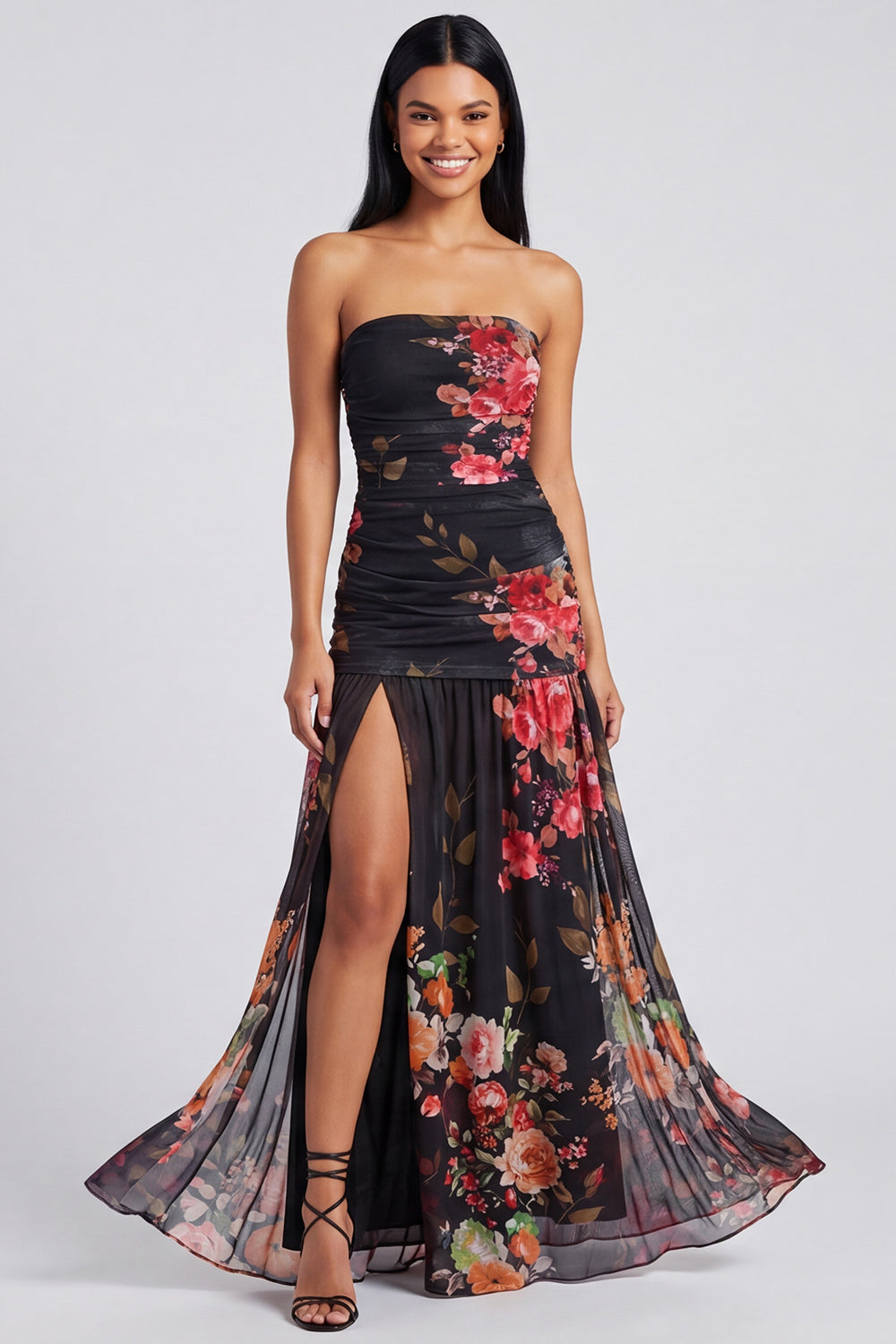 Black Strapless Floral Ruched Long A Line Formal Dress with Slit