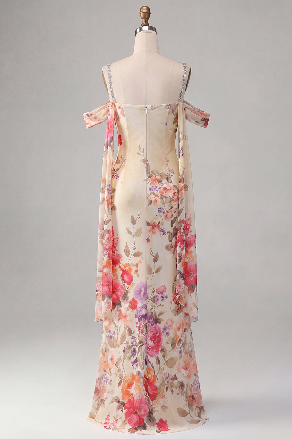 Sparkly Ivory Off the Shoulder Floral Ruched Beaded Long Mermaid Formal Dress with Cape