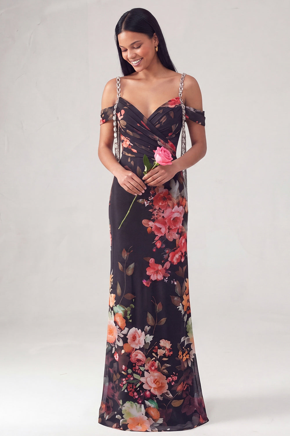 Sparkly Black Off the Shoulder Ruched Floral Long Mermaid Formal Dress with Beading