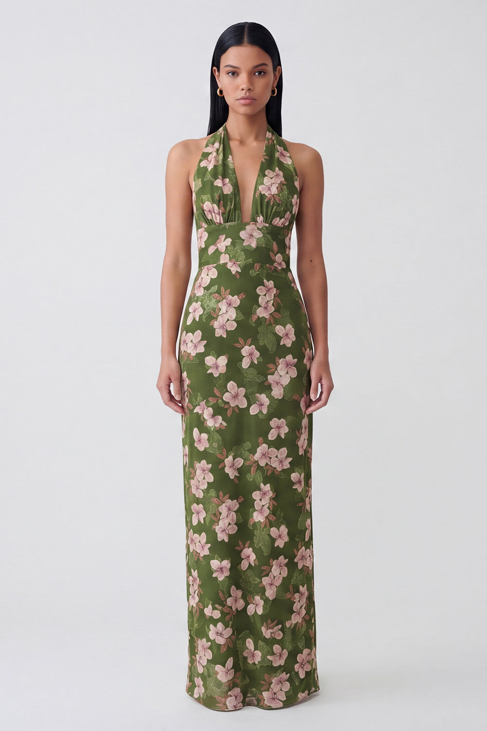 Dark Green Backless Floral Halter Long Sheath Formal Dress