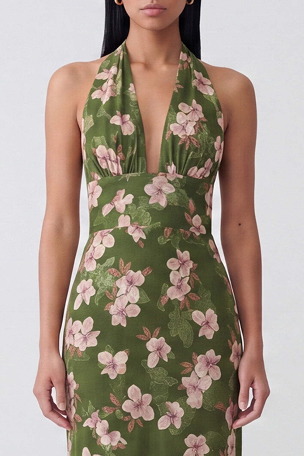 Dark Green Backless Floral Halter Long Sheath Formal Dress