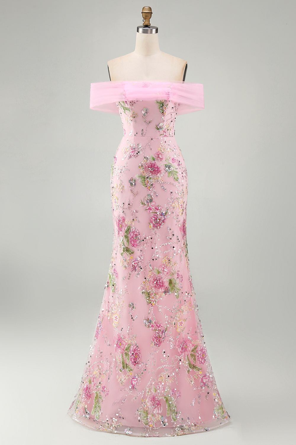 Pink Floral Mermaid Off the Shoulder Sparkly Long Beaded Prom Dress