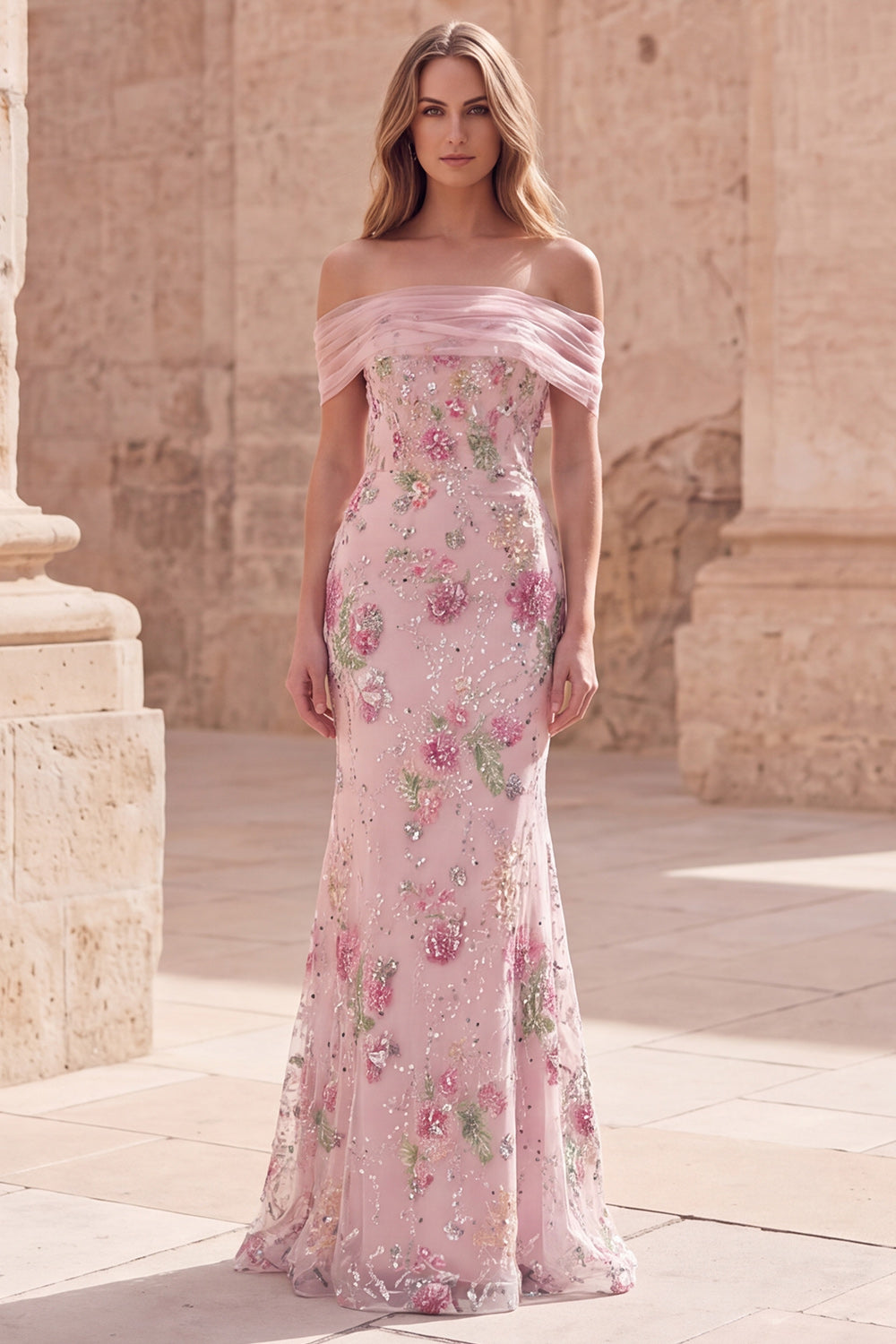 Pink Floral Mermaid Off the Shoulder Sparkly Long Beaded Prom Dress