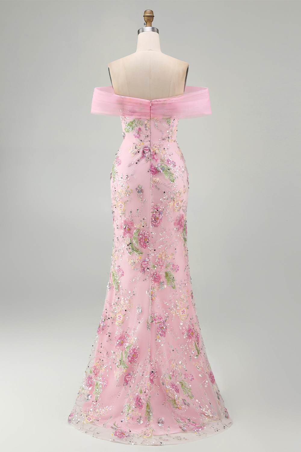 Pink Floral Mermaid Off the Shoulder Sparkly Long Beaded Prom Dress