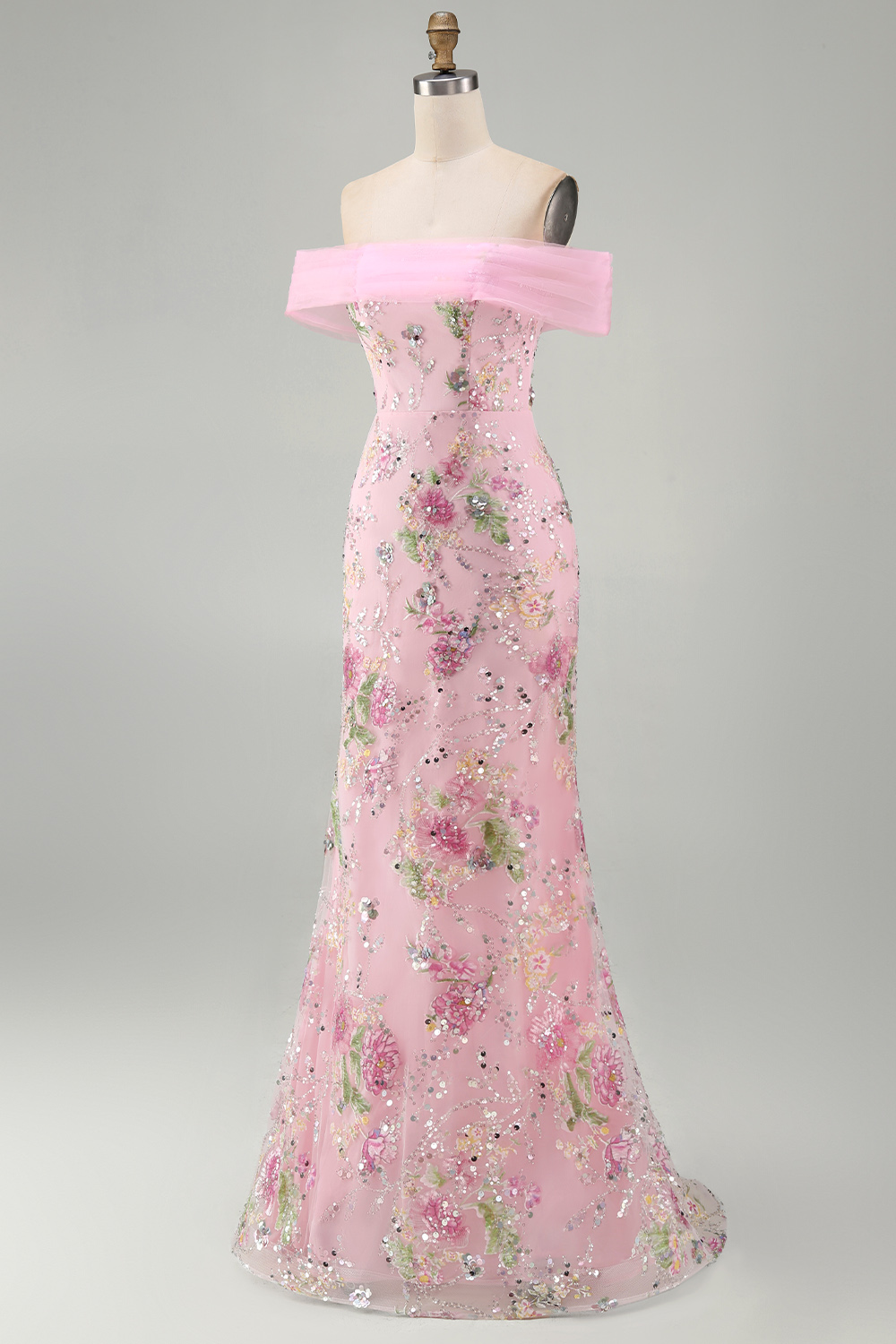 Pink Floral Mermaid Off the Shoulder Sparkly Long Beaded Prom Dress