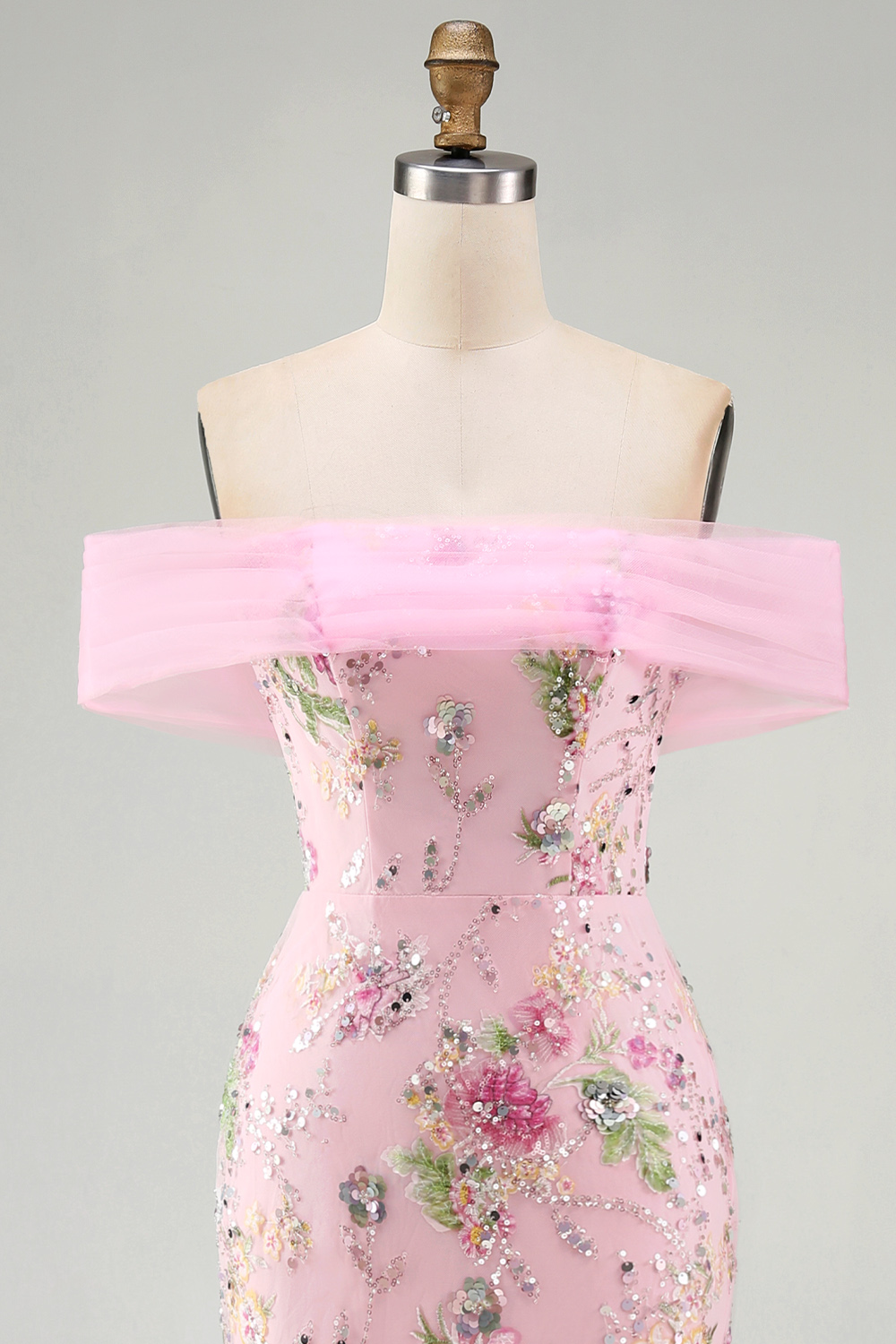 Pink Floral Mermaid Off the Shoulder Sparkly Long Beaded Prom Dress