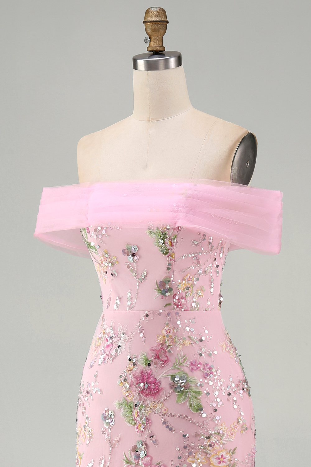 Pink Floral Mermaid Off the Shoulder Sparkly Long Beaded Prom Dress