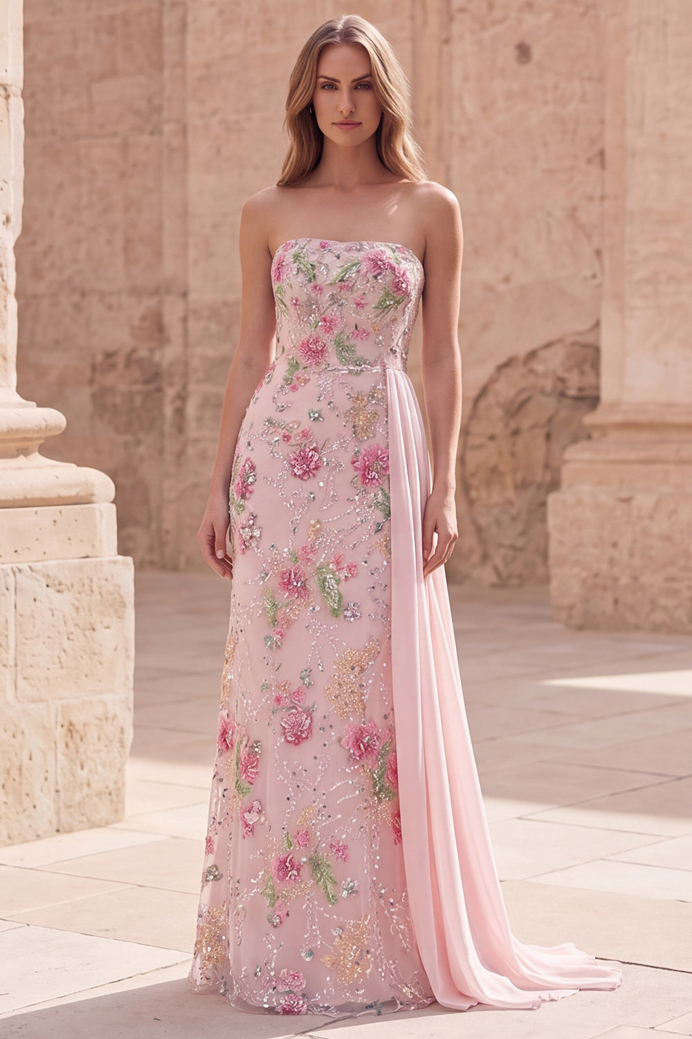 Sparkly Pink Beaded Mermaid Strapless Long Floral Formal Dress with Side Cape