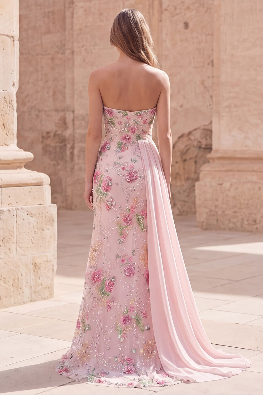 Sparkly Pink Beaded Mermaid Strapless Long Floral Formal Dress with Side Cape