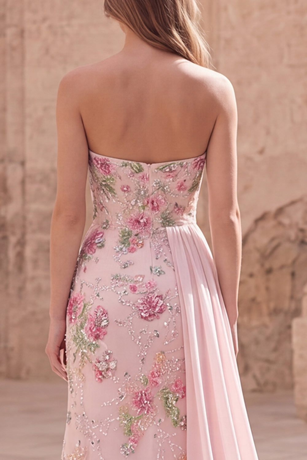 Sparkly Pink Beaded Mermaid Strapless Long Floral Formal Dress with Side Cape