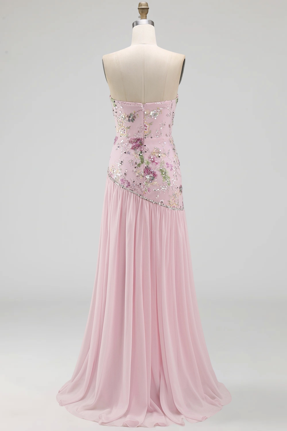 Sparkly Strapless Pink Long Beaded Floral A Line Formal Dress with Slit