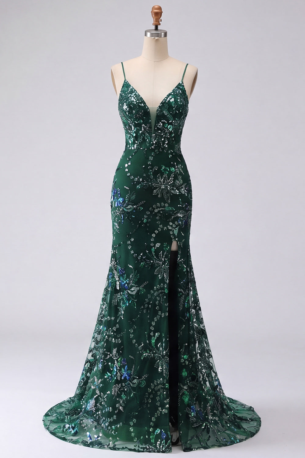 Sparkly Dark Green Long Mermaid Floral Spaghetti Straps Beaded Prom Dress with Slit