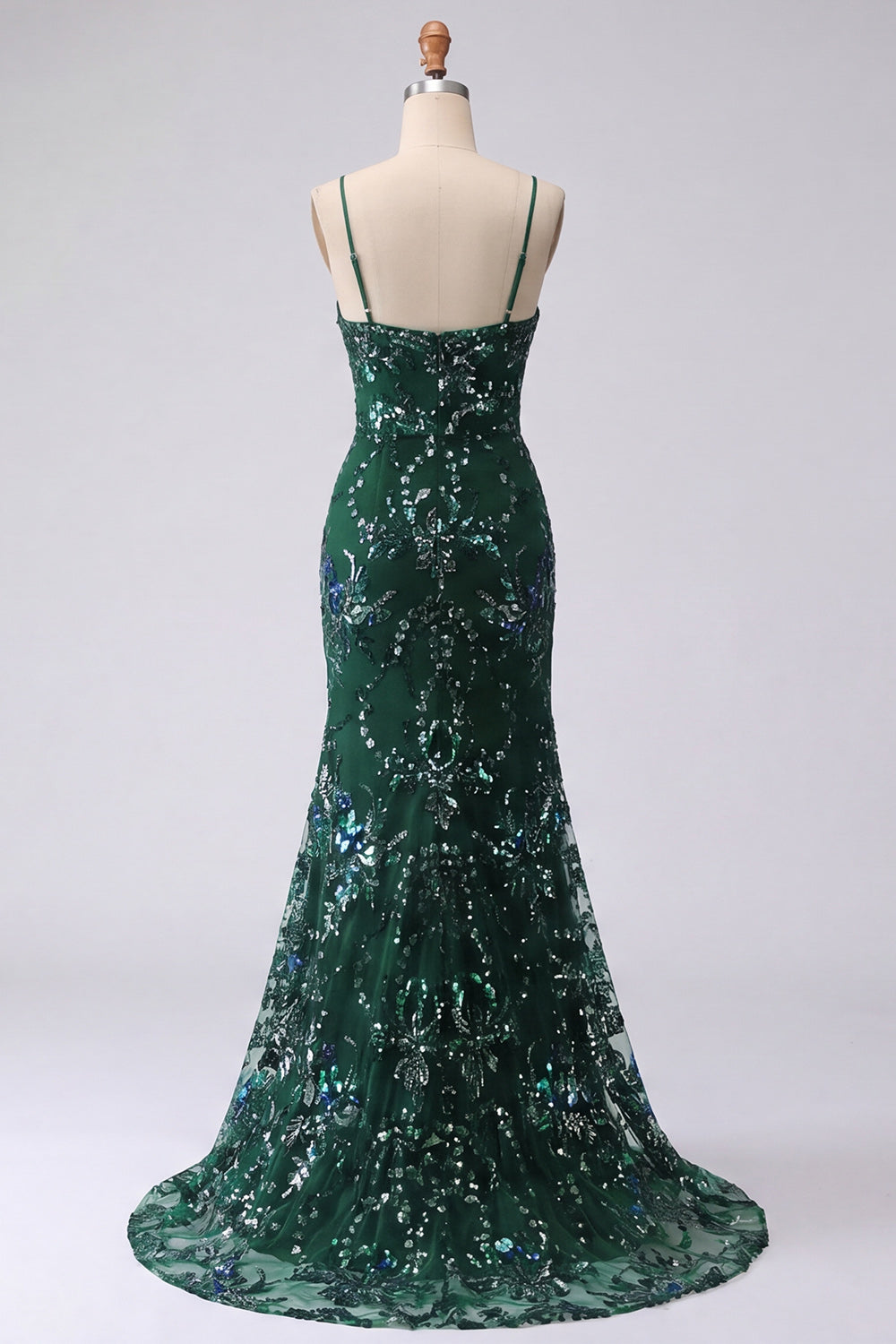 Sparkly Dark Green Long Mermaid Floral Spaghetti Straps Beaded Prom Dress with Slit