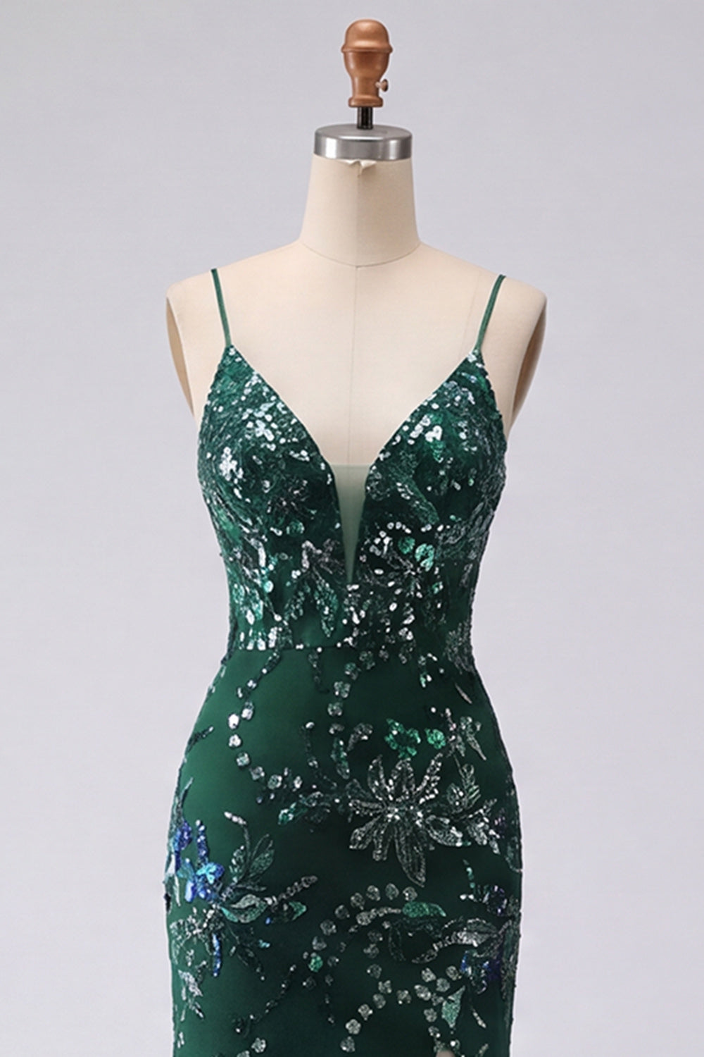 Sparkly Dark Green Long Mermaid Floral Spaghetti Straps Beaded Prom Dress with Slit