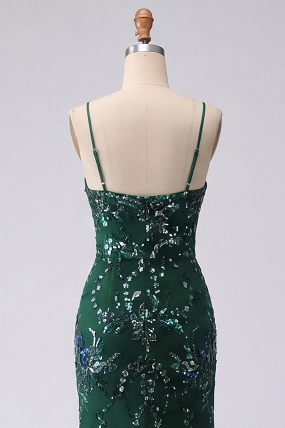 Sparkly Dark Green Long Mermaid Floral Spaghetti Straps Beaded Prom Dress with Slit