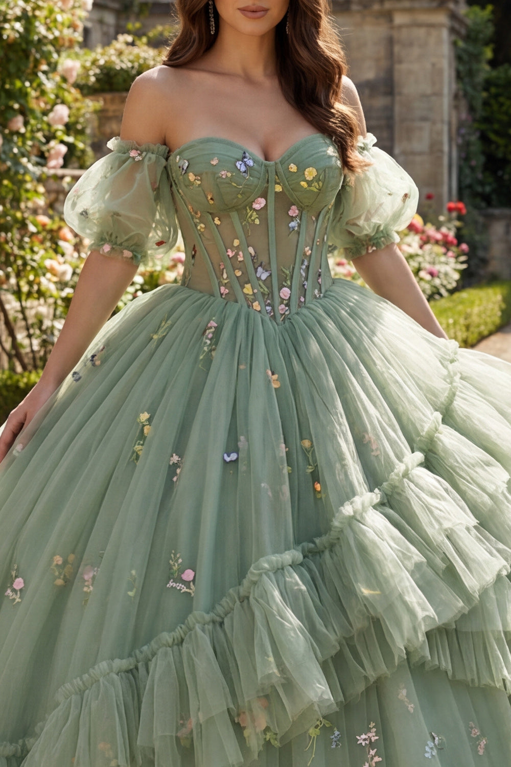 Dusty Sage Floral Ball Gown Princess Long Corset Quinceanera Dress with Ruffles