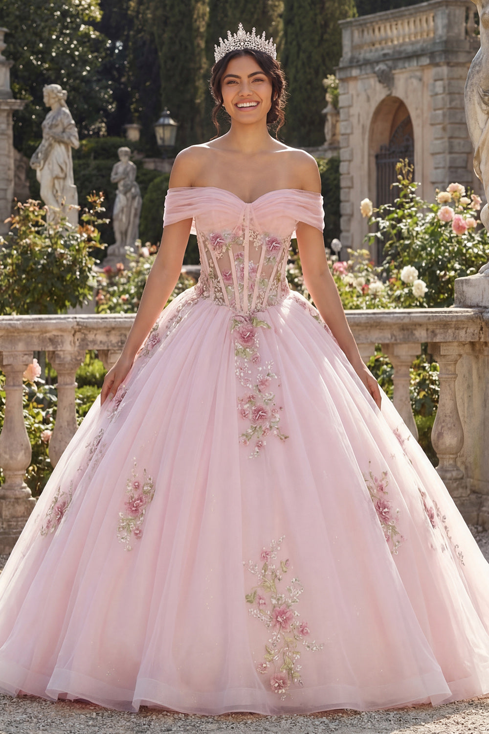 Sparkly Pink Off the Shoulder Princess Floral Long Corset Quinceanera Dress