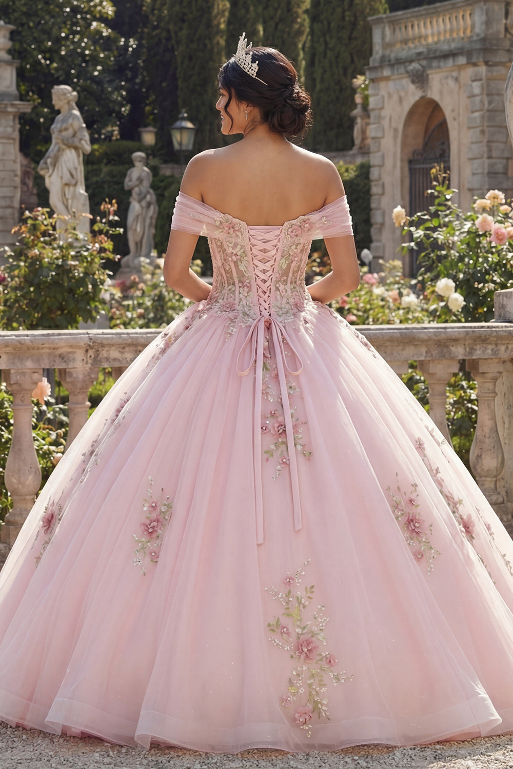 Sparkly Pink Off the Shoulder Princess Floral Long Corset Quinceanera Dress