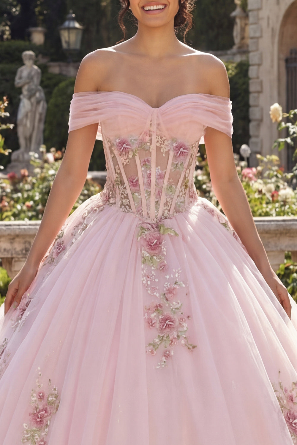 Sparkly Pink Off the Shoulder Princess Floral Long Corset Quinceanera Dress