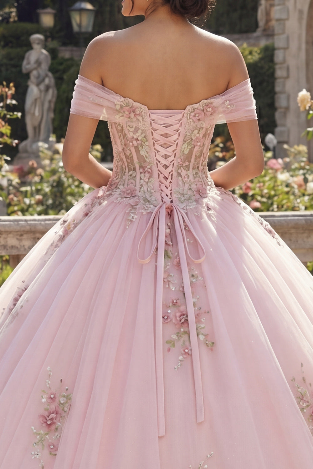 Sparkly Pink Off the Shoulder Princess Floral Long Corset Quinceanera Dress