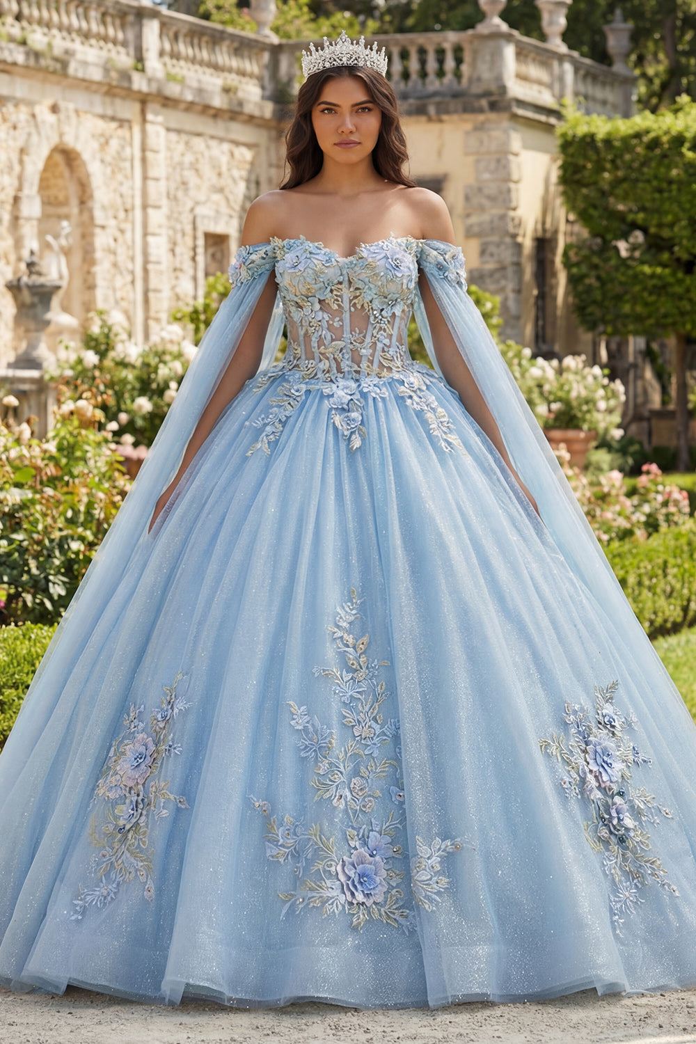 Glitter Sky Blue Princess Floral Long Corset Quinceanera Dress with Cape