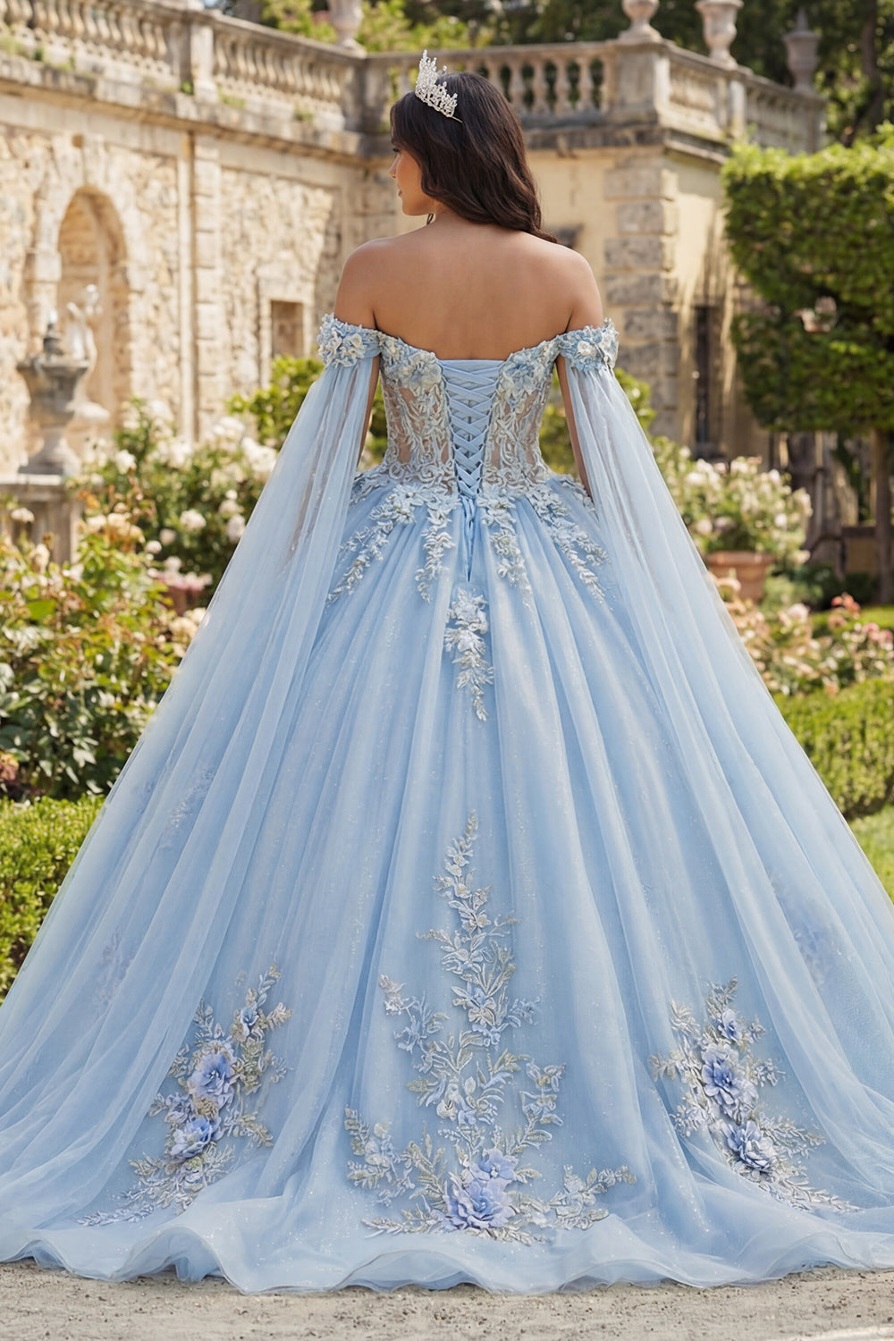 Glitter Sky Blue Princess Floral Long Corset Quinceanera Dress with Cape